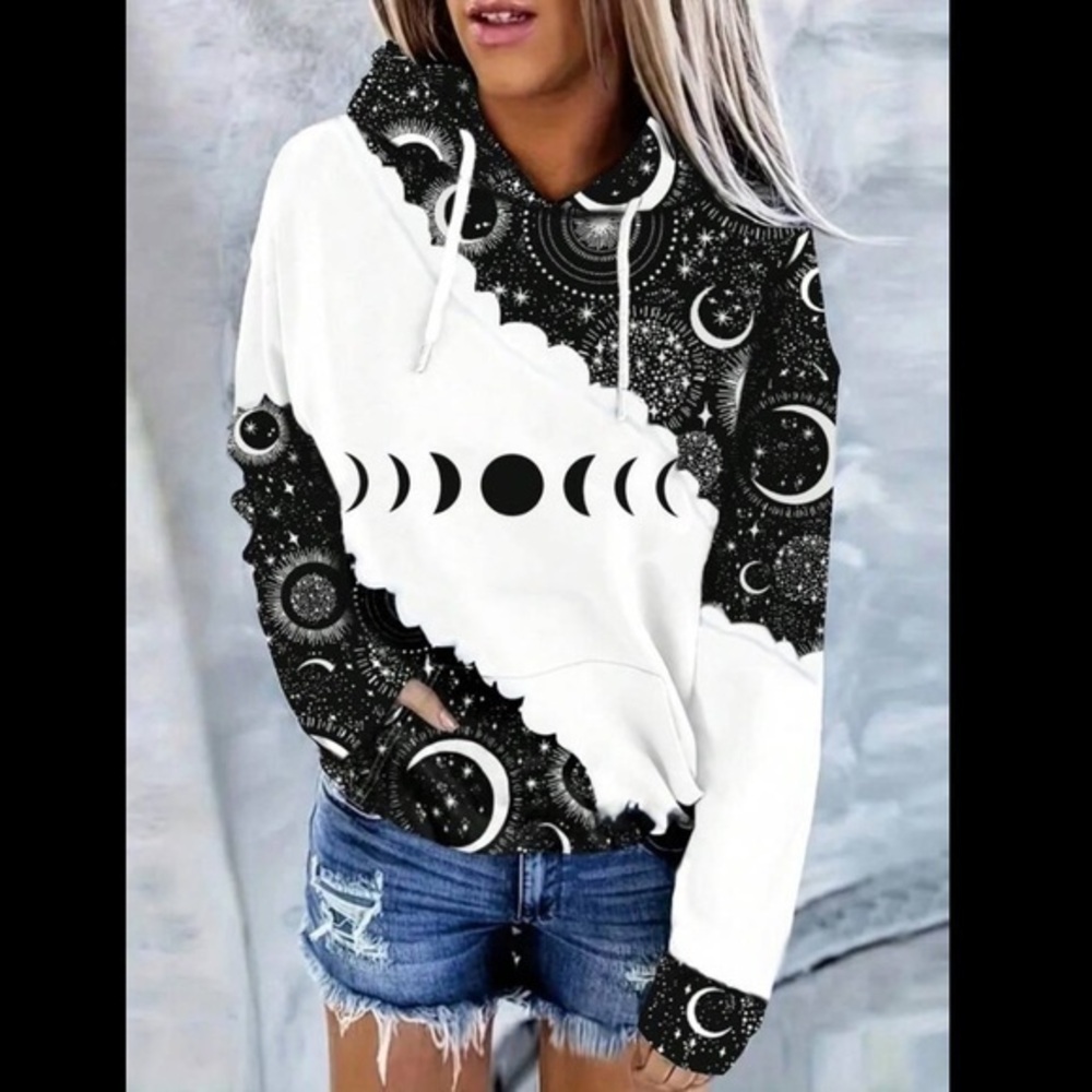 🌷Celestial Moon Phase Hoodie – Black & White Galaxy Print Lightweight & Stylish